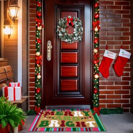 Tinideya 2 Pcs Merry Christmas Door Mat Non Slip Snowy Tree Gingerbread House Village Colorful Xmas Floor Doormat Buffalo Plaid Checked Stripe Mat for Front Porch Entryway(Colorful)