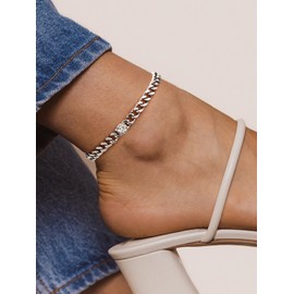 FOCALOOK Silver Anklets for Women Waterproof Stainless Steel Ankle Chain Cuban Link Anklet Adjustable Large Bracelets Party Crystal Ankle Bracelet April Birthstone Synthetic Diamond Foot Jewelry