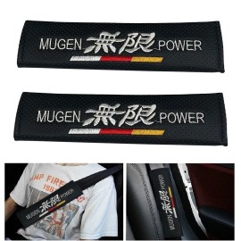 2x JDM MUGEN Embroidery Black Leather Car Seat Belt Covers Shoulder Pads Cushion