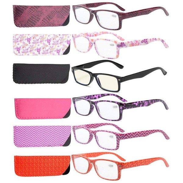 Eyekepper 6-Pack Spring Hinges Patterned Rectangular Reading Glasses Include Computer Readers Women +2.0