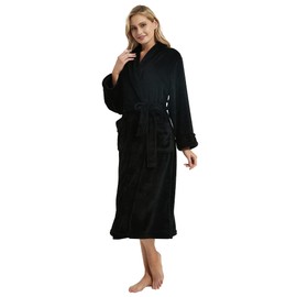 DaysU Plush Flannel Fleece Bathrobe/Coats with Shawl Collar, Fluffy Long Spa Robe Unisex for Women and Men, XL-XXL Size, Black, 1 Piece