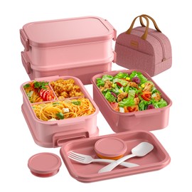 KEMETHY Adults Bento Lunch Box Set with Thermo Bag, 74oz Stackable Leak-proof 3-tiers Bento Box, Built-in Utensil and Sauce Container for Work, School, Dining Out (Gray)