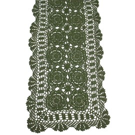 KEPSWET Cotton Handmade Crochet Lace Table Runner Olive Green Rectangle Coffee Table Dresser Decor (14x36 inch)