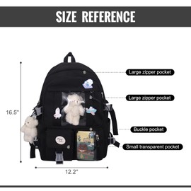 Jywmsc Kawaii School Backpack for Girls Women Cute Aesthetic Backpack School Book Bag with Pin and Accessories (White), black