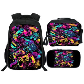 Gaming Backpack Kids Game Bookbag 16inch Schoolbag With Lunch Box Bag Pencil Case Set For Boys Girls