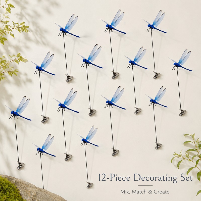 12-Pack Blue Dragonfly Garden Decorations – Realistic Clip-On Outdoor Accents