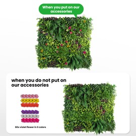STURDON Artificial Grass Wall Panels 40"x40" 1 Piece, 3D Floral Grass Wall Backdrop, for Indoor, Patio Bedroom Balcony, Faux Ivy Privacy Fence Screen, DIY 60 PCS Violet Flower,100 PCS Cable Ties