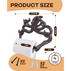 Gardmate Octopus Paper Towel Holder - Cast Iron Wall Mount Toilet Paper Holder with Rust-Resistant Finish, Brown Bathroom Decor, 8 1/4" x 6 1/4" x 3 1/8", Includes Mounting Hardware
