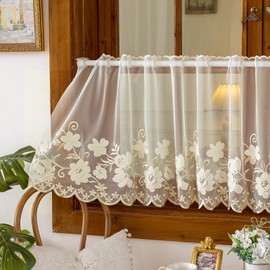 VOGOL Beige Sheer Lace Valance, Floral Embroidered Short Curtain for Kitchen Window, Grommet Rustic Farmhouse Window Topper for Bathroom & Living Room, W55 x L24, 1 Panel