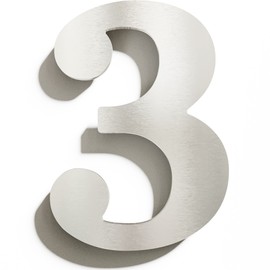 N-02-3-E Stainless Steel House Number 3 - Solid, Weatherproof and Rustproof - 14 cm Large - with Mounting Material - Brushed Design House Number Sign