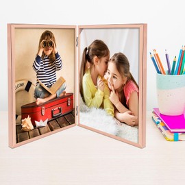 Golden State Art, Rose Gold 8x10 Hinged Double Metal Frame - Floating Effect for 7x9, 6x8 or any Smaller Photos with Real Glass for Protection - Elegant Desktop Decor for Home or Office