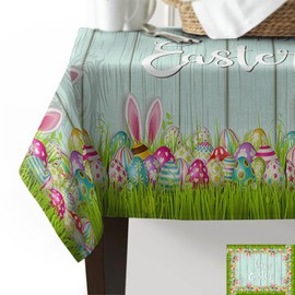 Waterproof Tablecloths Rectangle Dining Table Cloth Spring Easter Washable Polyester Table Cover for Kitchen Table, Coffee Table, Party, Colorful Eggs Bunny Ears Grass Board Retro Wood 52 x 70 Inch