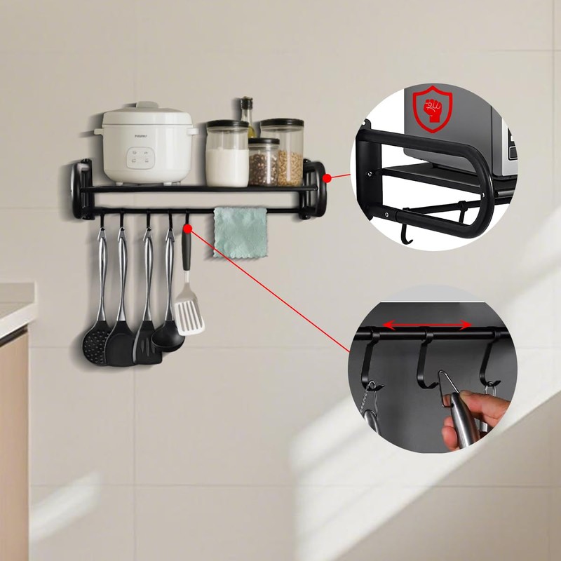 Microwave Shelf Wall Mount,Microwave Wall Shelf with 5 Hooks and