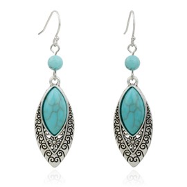 Handmade Vintage Boho Leaf Turquoise Dangling Earrings for Women, Sterling Silver Hooks