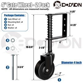 BOODVON 4" Heavy Duty Gate Caster, Spring Loaded Gate Wheels, Gate Caster Wheel with 360° Rotation for Wooden Gate Fence, Metal Tube Gate, 220 Lbs Capacity, Black, 2 Pack