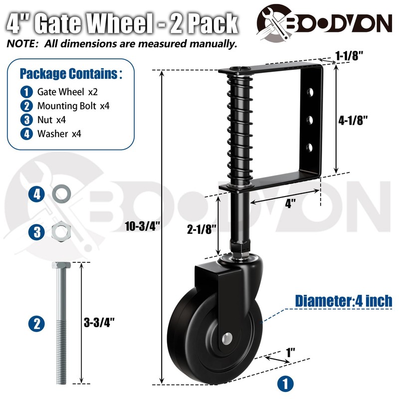 BOODVON 4" Heavy Duty Gate Caster, Spring Loaded Gate Wheels,