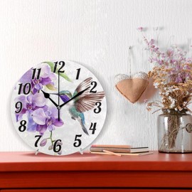 ALAZA Hummingbird Purple Orchids Flower Wall Clock Battery Operated Clock Silent 9.5 Inch Non Ticking Wall Clocks for Bedroom Living Room Decorative