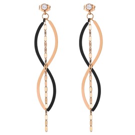 Steel Cubic Zirconia Stud Earrings with Dangling Spiral Wave Wire Stick, Long Chain, Black Rose Gold(CA)