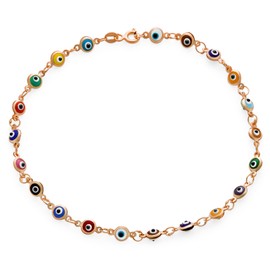 Protection Amulet Turkish Multi Color Charm Slender Evil Eyes Anklet Link Ankle Bracelet For Women Teen Rose Plated .925 Sterling Silver 10 Inch