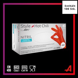 AMPri Med-Comfort Hot Chili Nitrile Gloves, Red, Pack of 100, Size S, Powder-Free, Nitrile Disposable Gloves in Sizes XS, S, M, L, XL