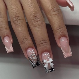 French Tip Press on Nails Medium Long Square Fake Nails with Bow Pearl Star Rhinestones Charms Design 3D False Nails Bling Glossy Glue on Nails Acrylic Artificial Stick on Nails for Women Girls 24Pcs