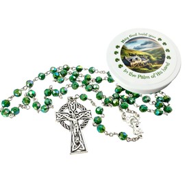 Irish Rosary Set Green Acrylic Bead with Metal Celtic Crucifix with Ireland Scene Case for First Communion or Saint Patricks Day