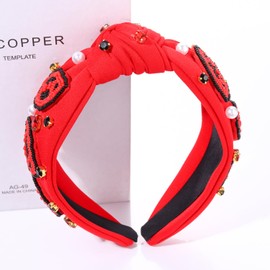 JERTOCLE - Diademas anudadas de fútbol para mujer, diadema deportiva con perlas de vidrio Bejeweled con nudo de la parte superior ancha, accesorios para el cabello para el día del juego (rojo y negro3)