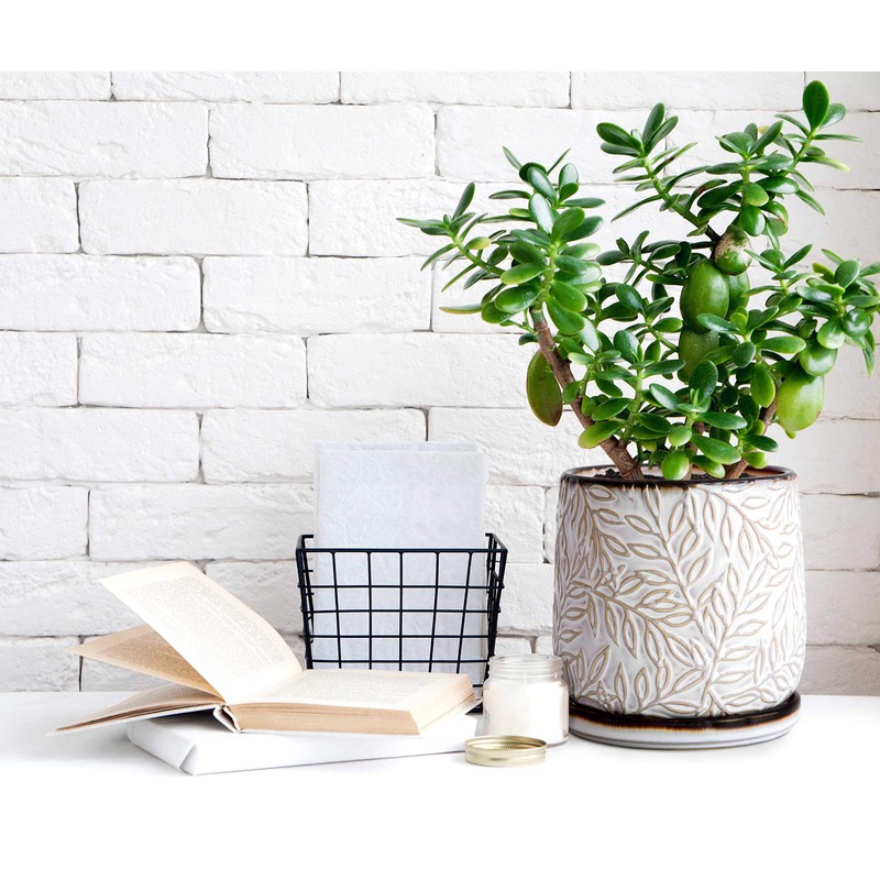 6 Inch Embossed Leaves Design Stoneware Planter Pot with Drainage