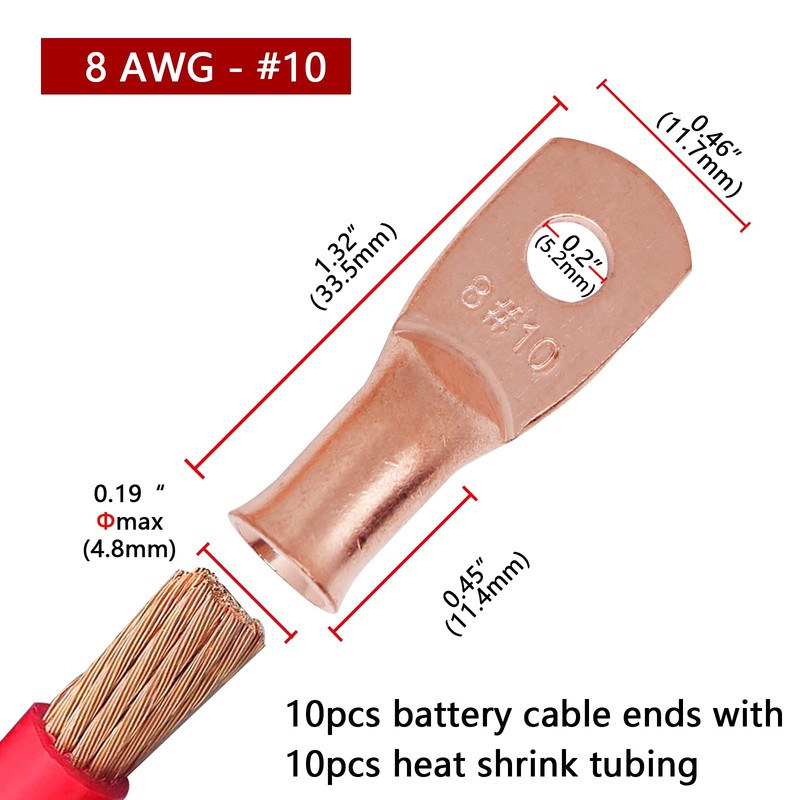 TKDMR 10pcs 8 AWG-#10 Battery Lugs,Heavy Duty Wire Lugs,Ring Terminals,Battery