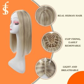 Full Shine Real Human Hair Topper 14 Inch Ash Blonde Highlights Platinum Blonde 5x5 Inch Hair Topper For Women