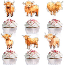 18-Piece Highland Cow Print Themed Happy Birthday Cupcake Toppers Set - Holy Cow Party, Cow Themed Party, Baby Shower Party, Farm Party Decoration for Boys and Girls