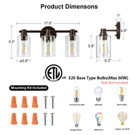 ALAISLYC Bathroom Light Fixtures Wall Sconce Light with Clear Glass Oil Rubbed Bronze 3 Lights Bathroom Lighting Over Mirror Vanity Lights for Living Room,Bedroom,Restroom,Hallway E26 Base