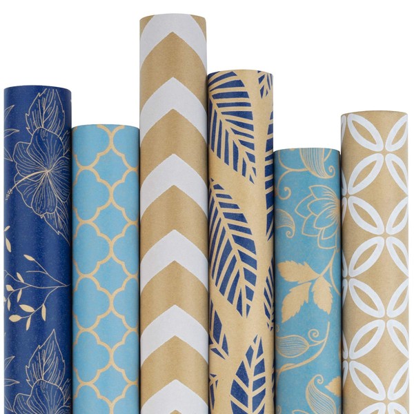 RUSPEPA Kraft Wrapping Paper Roll - Multiple Blue and White