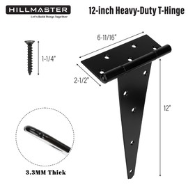 HILLMASTER 12 Inch T-Strap Heavy Duty Shed Door Hinges Gate Strap Hinges Black Tee Hinge Wrought Hardware for Wooden Fences,Yard,Barn Door,Rustproof (4 Pack)
