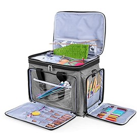 Luxja Knitting Bag, Yarn Bag with Cover and Shoulder Strap, Yarn Tote Bag for Carrying Projects, Knitting Needles (up to 14”), Circular Needles, Crochet Hooks and Other Accessories, Gray
