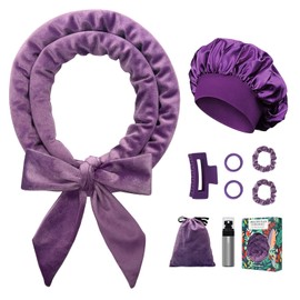 Gwabee No Heat Overnight Curls Headband to Sleep In, 70" Soft Ribbon Curl Wrap for Long Hair - 9 PCS Curling Rods Set with Bonnet, Purple