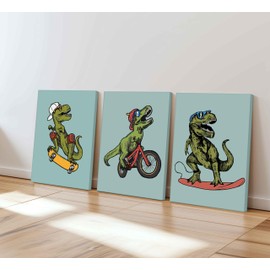 Nursery Dinosau Canvas Wall Art Set of 3 Dinosaur Painting Picture Wall Decor Boys Dinosaur Nursery Print Artwork for Living Room Bedroom Home Office Church Decoration 12x16in Framed