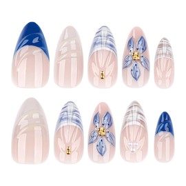 Summer Press on Nails Short Almond 3D Flower Designs,YIHONGYAN Fake Nails Press ons Nails Wave Beach French Tip Acrylic Nail Kit Glue on Nails Full Cover False Nails Stick on Women Nails 24 Pcs