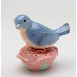 Fine Porcelain Hand Painted Bluebird Blue Bird on Pink Rose Flower Salt & Pepper Shakers Set, 4-1/4" H