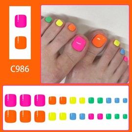 Colorful Press on Toenails Short Square Fake Toenails with Designs Rainbow False Toenails Glossy Summer Glue on Toenails Reusable Full Cover Stick on Toenails for Women Girls Manicure 24Pcs