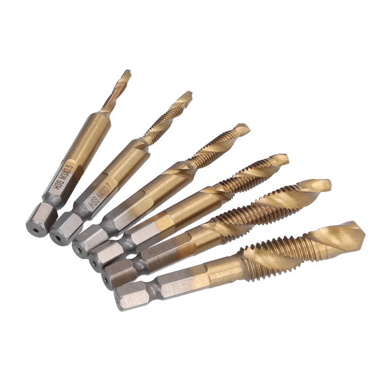 6Pcs Combination Drill Tap Bit 1/4in Hex Shank Spiral Tapping