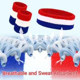 24 Pcs Neon Sweatbands Set Include 8 Pcs Sports Headband and 16 Pcs Cotton Wristbands 80s Neon Sweat Bands Bulk for Gym, Tennis, Basketball, Running, Exercise (Red Blue White)
