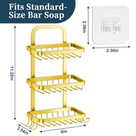 3 Tier Soap Bar Holder for Shower, Aluminum Wall Mounted Rustproof Soap Holder with 4 Hooks and Razor Holder, Shower Rack Soap Tray Bar Soap for Bathroom Accessories Organizer Gold