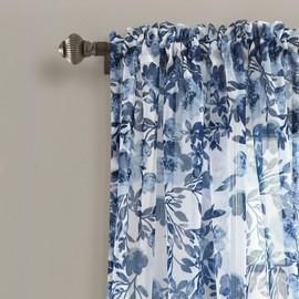 Lush Decor Tanisha Curtains - Sheer Window Panel Set - Floral Vine Print, Beautiful, Modern, Elegant Home Decor - 38" W x 84" L, Navy & White
