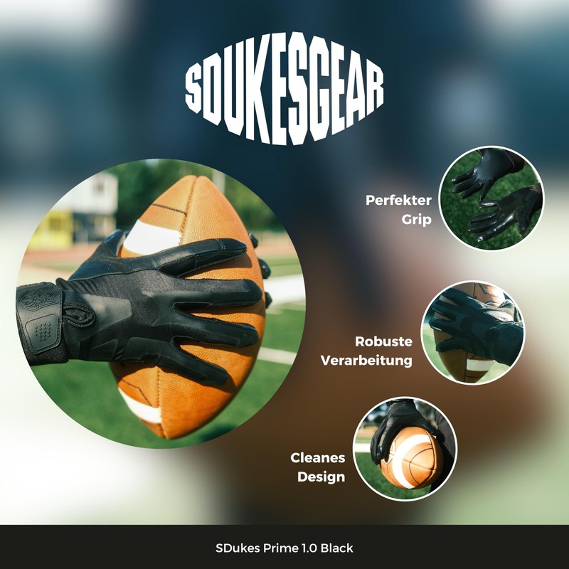 SDukes Prime 1.0 American Football Gloves Receiver (Black, M)