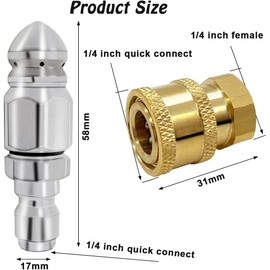 2 Pcs 5000 PSI Sewer Jet Nozzle with Pressure Washer Coupler, Stainless Steel 1/4 Inch Pressure Washer Drain Jetter Hose Nozzle and Brass Fittings Quick Connector, 1/4'' Quick Connect to Female NPT