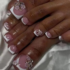 French Tip Press on Toenails Short Square Fake Toenails Flower False Toenails with Rhinestone Butterfly Glue on Toe Nails White Toenails Tip Cute Acrylic Toenails Spring Summer Stick on Toenails 24PCS