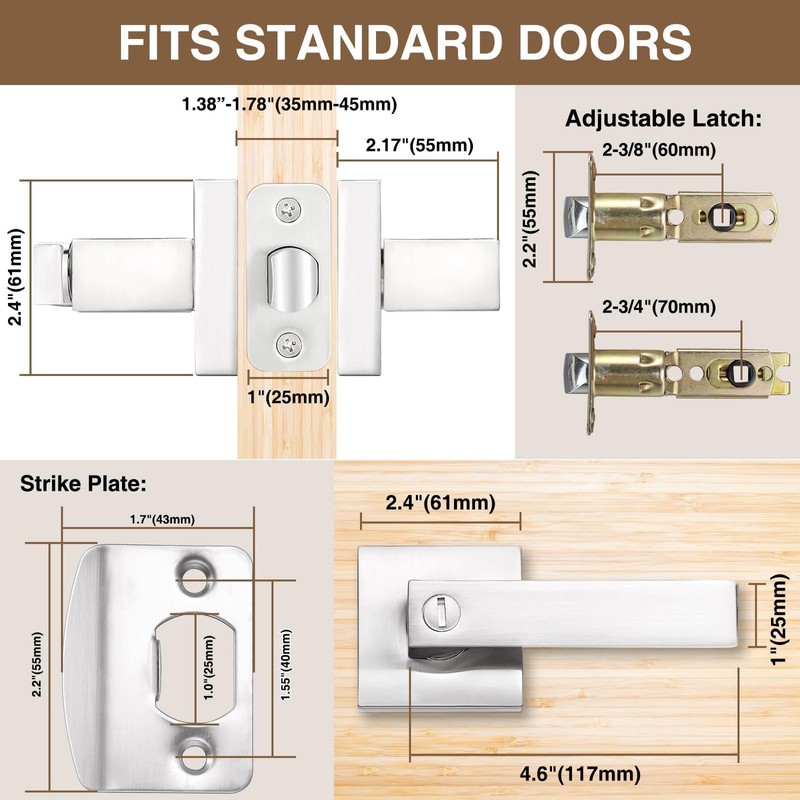 Hasmikit 6 Pack Square Door Lever Privacy Door Lock Handleset,