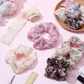 PLIGREAT 12 Pieces Floral Hair Scrunchies Making Kit DIY Fashion Flower Cloth Fabric Hair Ties Elastic Hair Bands for Women Ponytail Holders Handmade Crafts DIY Hair Scrunchies Supplies