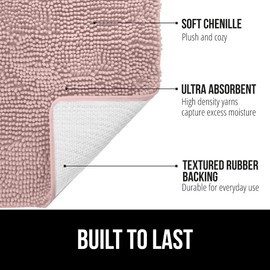 Gorilla Grip Bath Rug Mat 24x17, Thick Soft Absorbent Chenille, Rubber Backing Quick Dry Microfiber Mats, Machine Washable Rugs for Shower Floor, Bathroom Runner Bathmat Accessories Decor, Dusty Rose